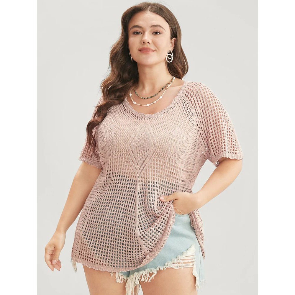 Bloomchic Crochet Knit Top Cover Up Short Sleeve Open Weave Blush Pink Size‎ 10